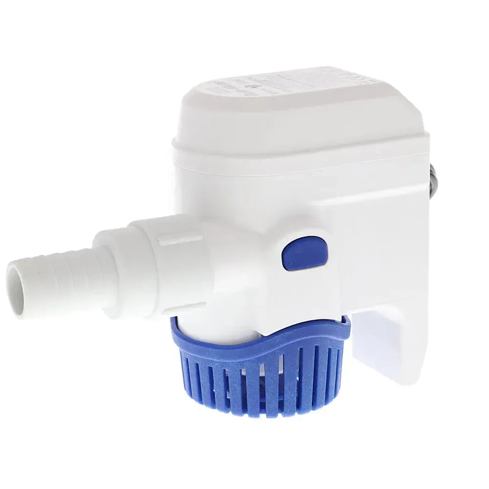 White Rule-Mate 500 automated bilge pump with blue base and button, hose barb fitting.