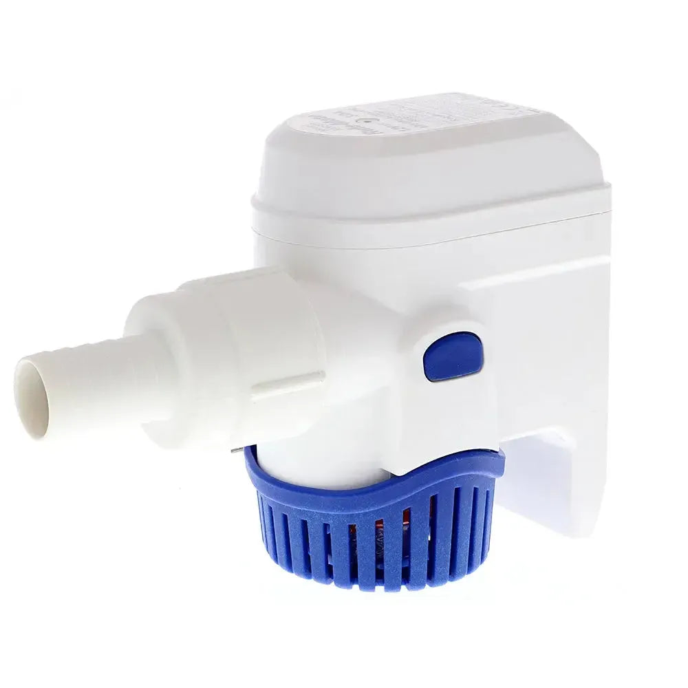 White Rule-Mate 800 automated bilge pump with blue base and ribbed hose barb.