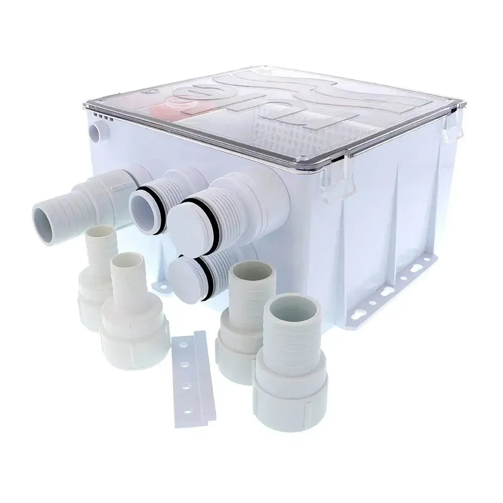 White Rule shower drain box with clear lid, 1100 GPH pump, and multiple hose inlet ports.