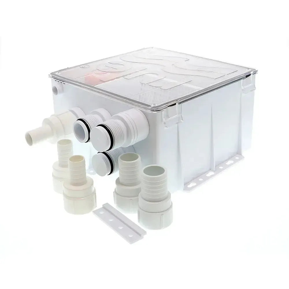 White Rule shower drain box with 800 GPH pump, clear lid, and various white hose fittings.