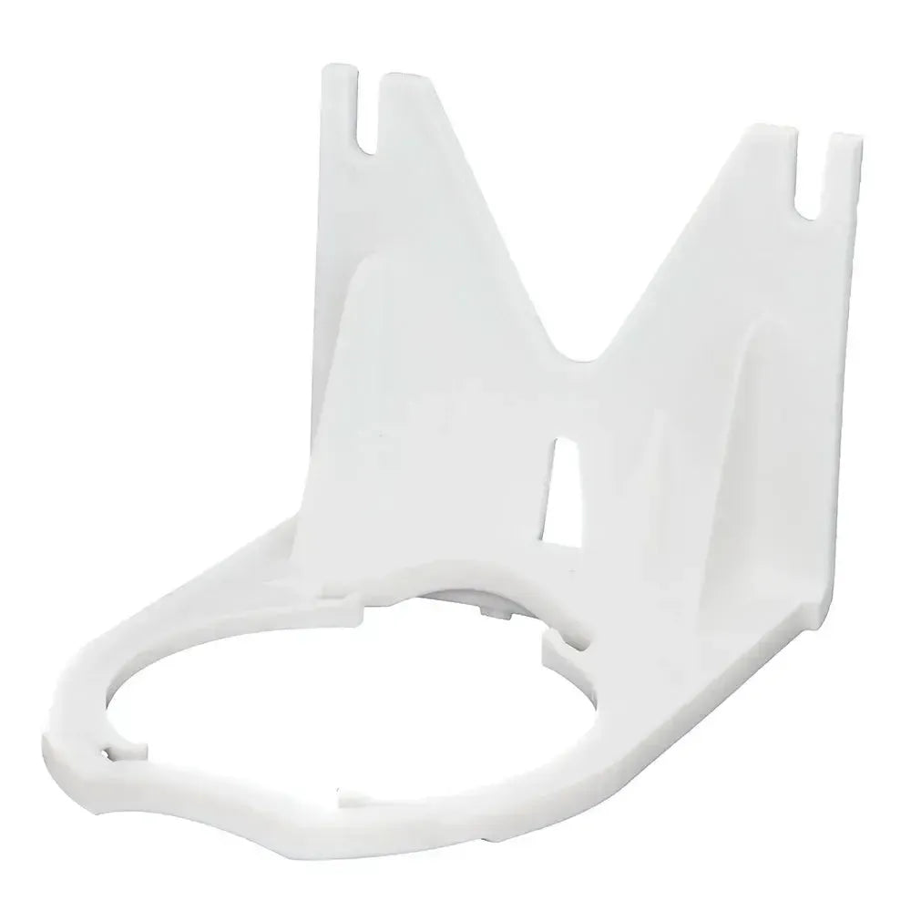 White plastic Rule side mount bracket for newer 360-1100 GPH Rule pumps, featuring a circular base.