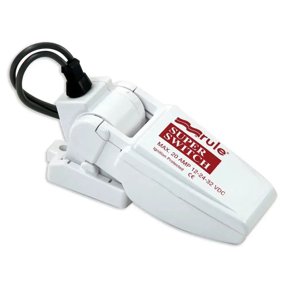 White Rule SuperSwitch float switch with red logo, black wiring, and removable base.