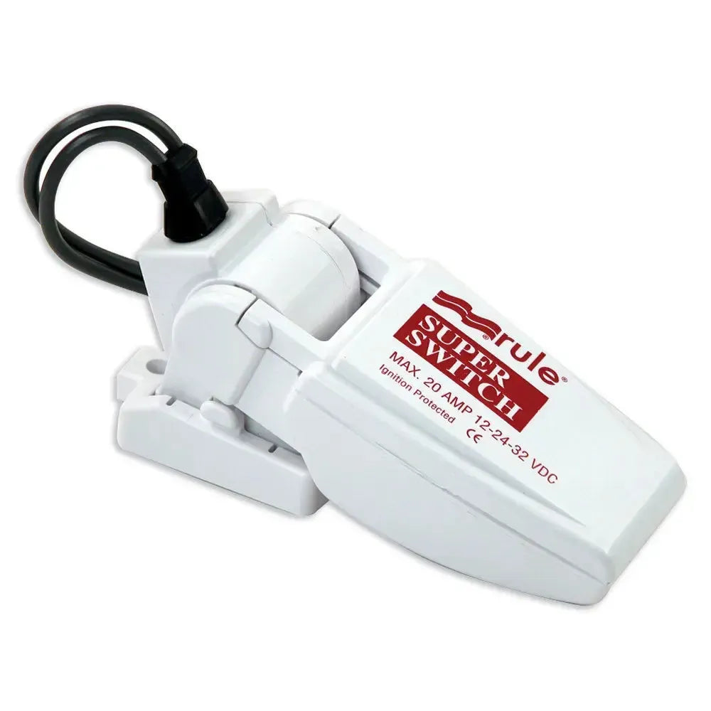 White Rule SuperSwitch float switch with red "Rule SuperSwitch" branding and black wiring.