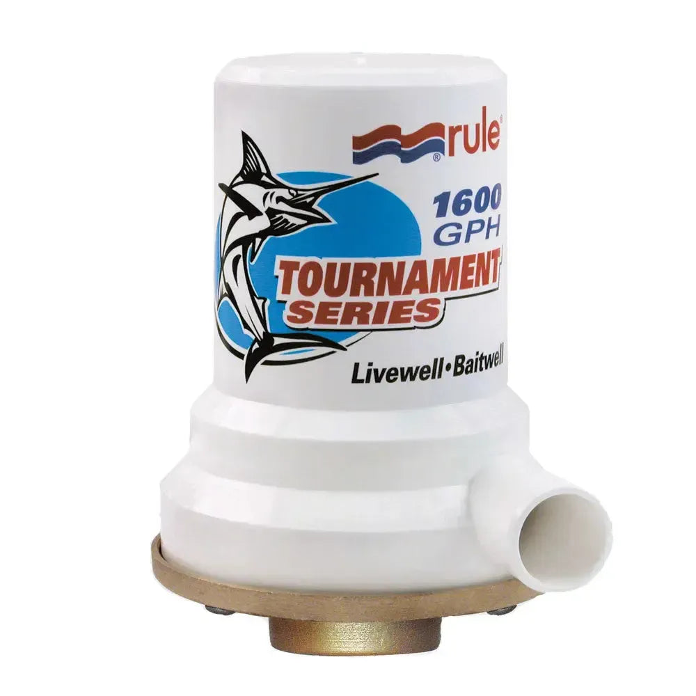 Rule Tournament Series 1600 GPH livewell pump with white housing, bronze base, and marlin logo.