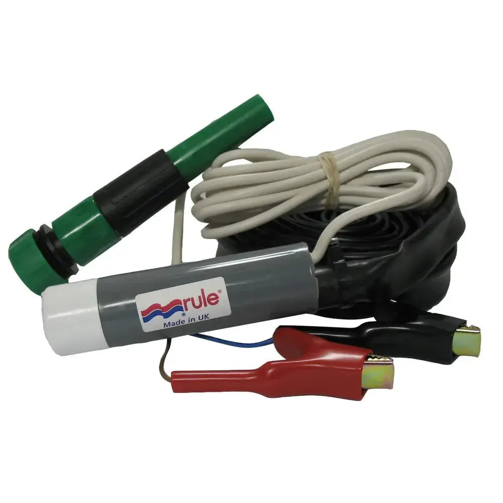 Rule iL500 Plus 12V inline pump kit with gray pump, green nozzle, white hose, and battery clips.