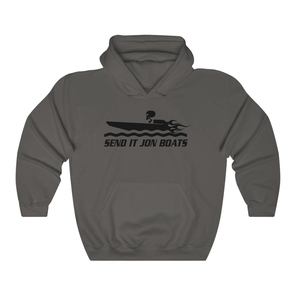 Charcoal gray hooded sweatshirt with "SEND IT JON BOATS" text and a black speedboat graphic.