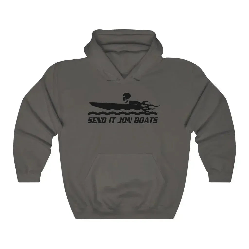 Charcoal gray hooded sweatshirt with "SEND IT JON BOATS" text and a black speedboat graphic.
