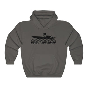 Charcoal gray hooded sweatshirt with "SEND IT JON BOATS" text and a black speedboat graphic.
