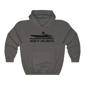 Charcoal gray hooded sweatshirt with "SEND IT JON BOATS" text and a black speedboat graphic.