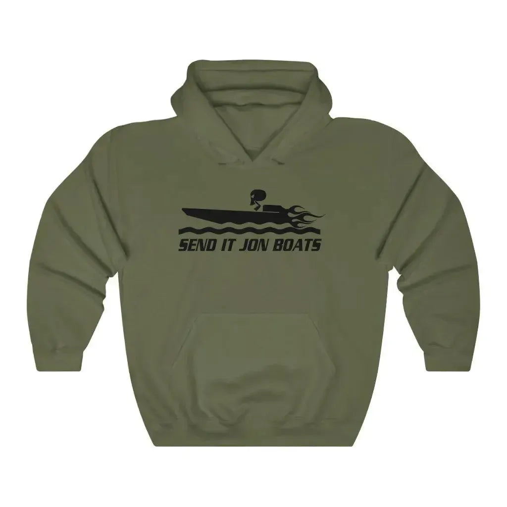 Olive green hooded sweatshirt with "SEND IT JON BOATS" text and a black jon boat graphic.
