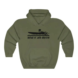 Olive green hooded sweatshirt with "SEND IT JON BOATS" text and a black jon boat graphic.