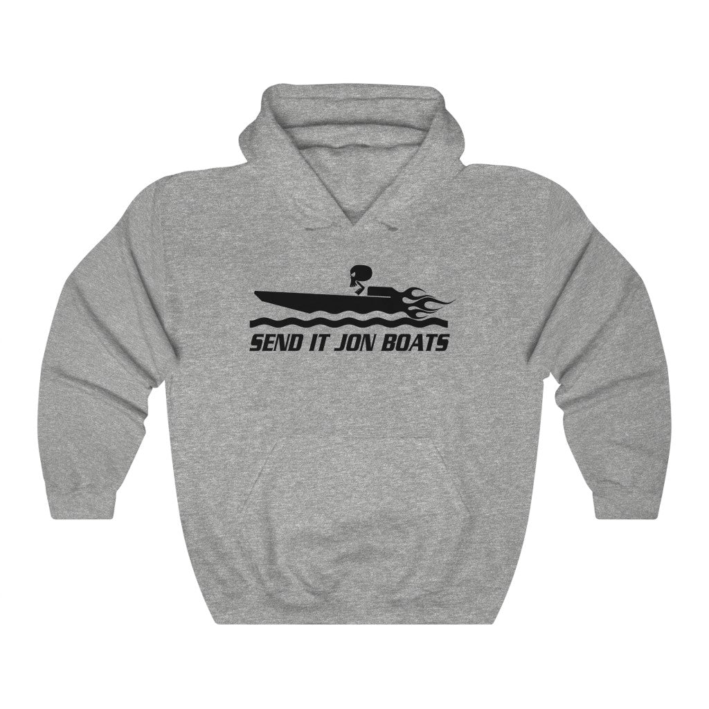 Gray "SEND IT JON BOATS" hooded sweatshirt with black boat graphic, kangaroo pocket, and drawstring hood.