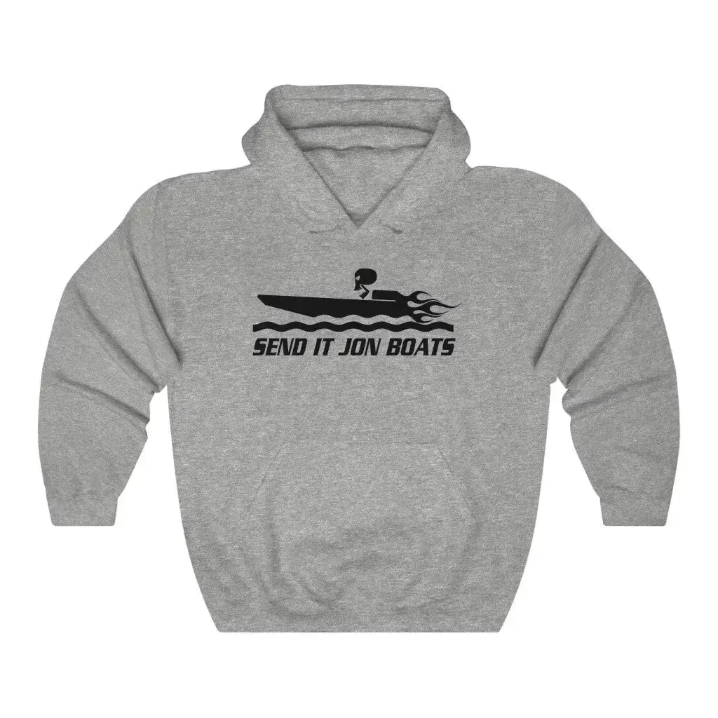 Olive green hooded sweatshirt with "SEND IT JON BOATS" text and a black jon boat graphic.