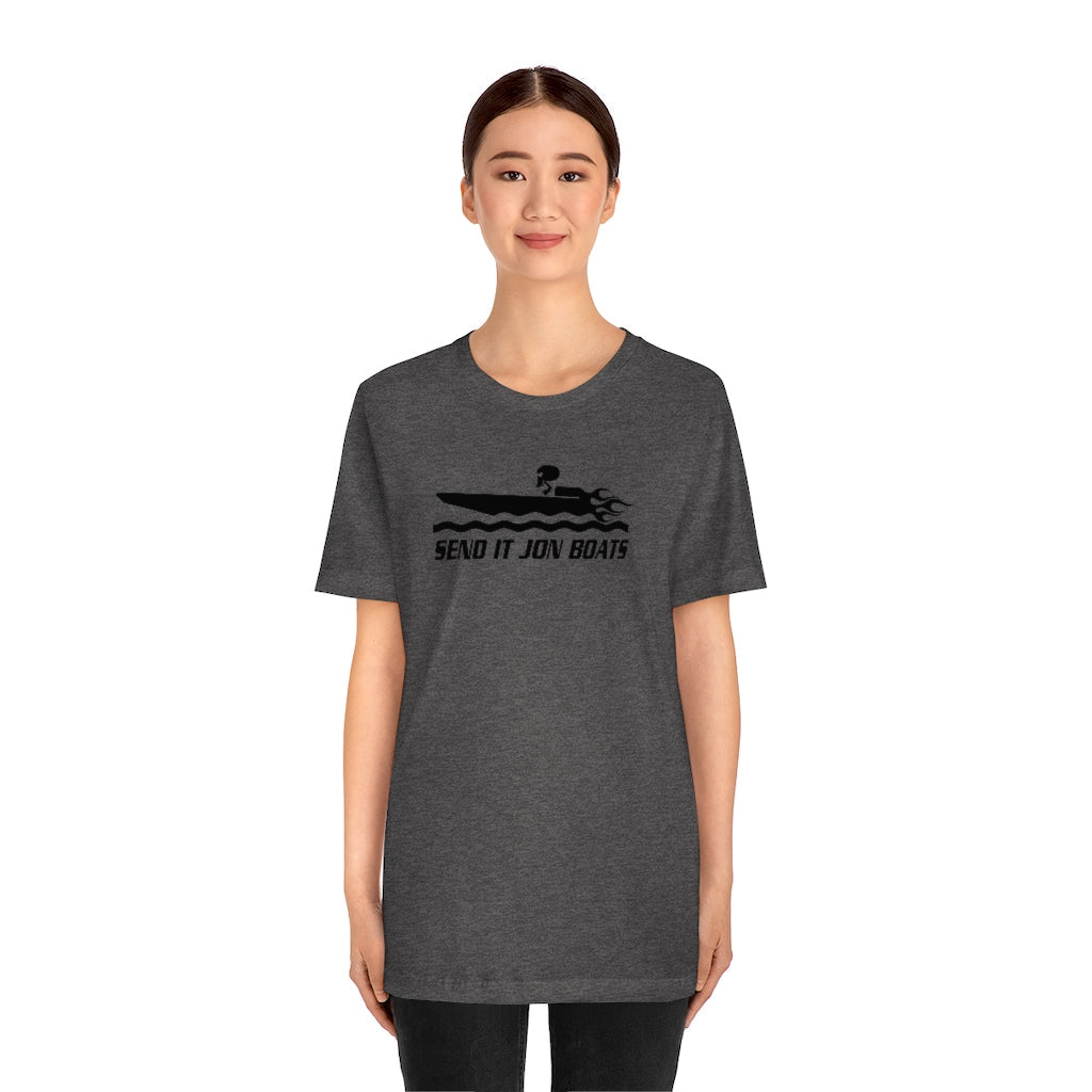 Woman wearing a charcoal gray short-sleeve tee with "SEND IT JON BOATS" and a boat graphic.