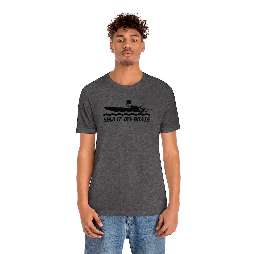 Man wearing a charcoal gray short sleeve tee with "SEND IT JON BOATS" graphic.