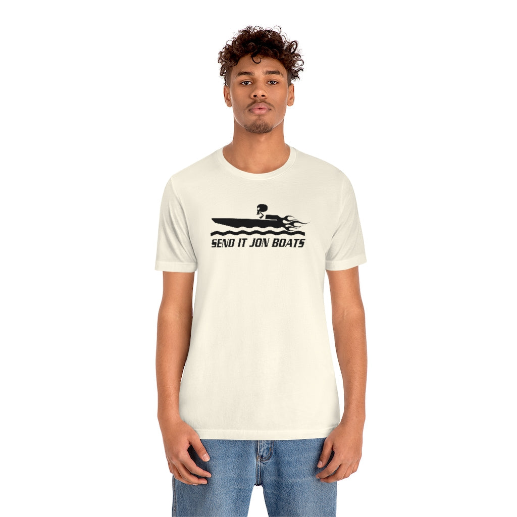 Man wearing an off-white short sleeve tee with "SEND IT JON BOATS" and a boat graphic in black.
