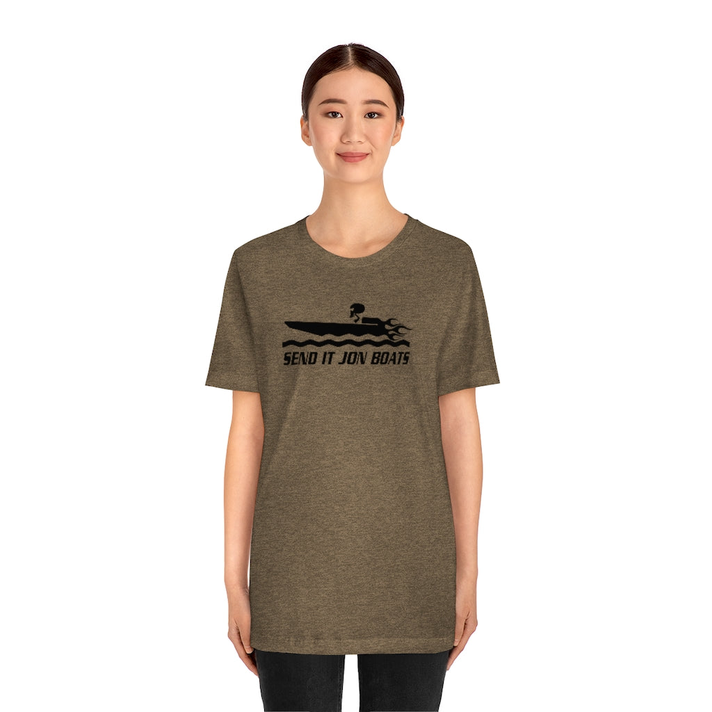 Woman in a brown short sleeve tee with "SEND IT JON BOATS" graphic.
