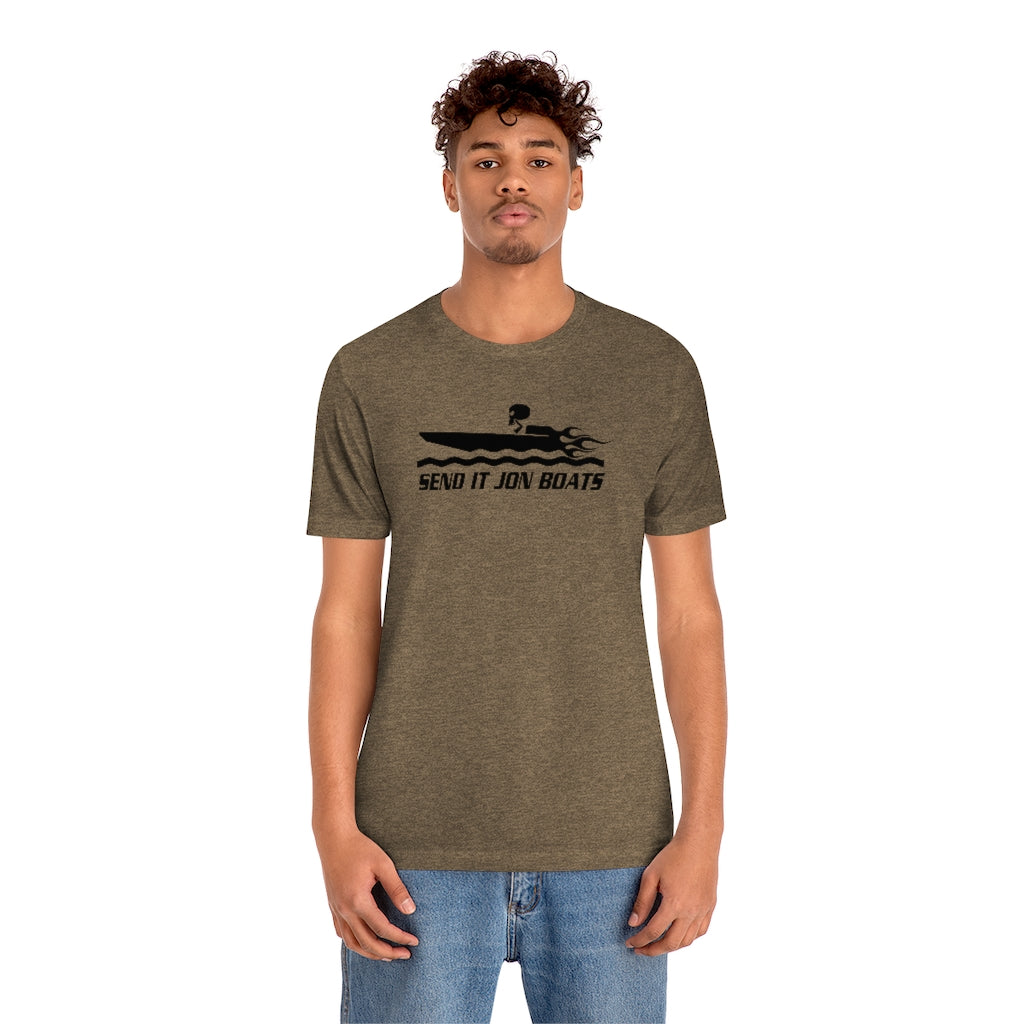 Man wearing a heather brown short sleeve tee with "SEND IT JON BOATS" graphic.