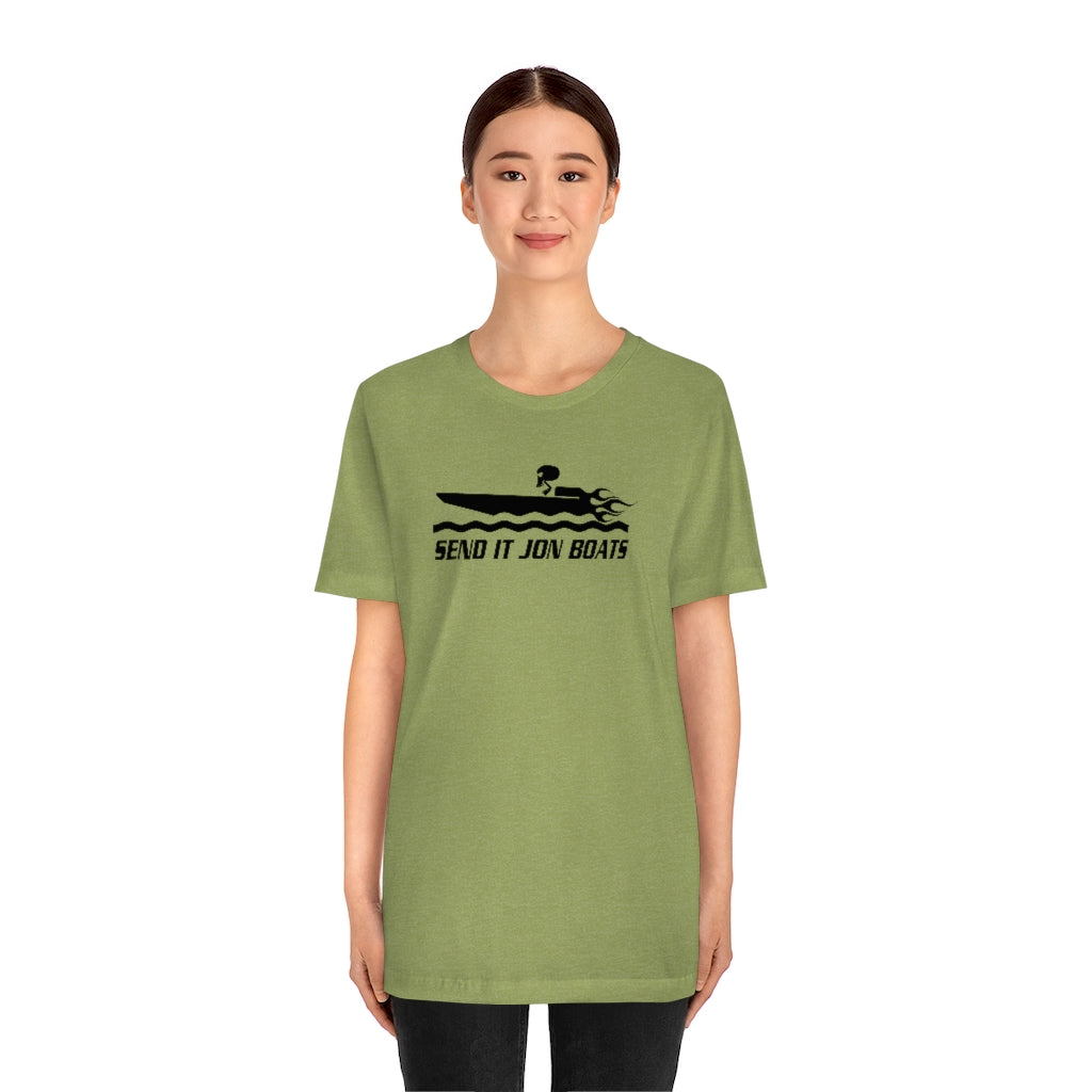 Woman wearing a light green short sleeve tee with "SEND IT JON BOATS" and a speed boat graphic.