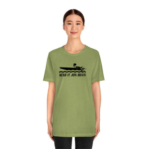 Woman wearing a light green short sleeve tee with "SEND IT JON BOATS" and a speed boat graphic.