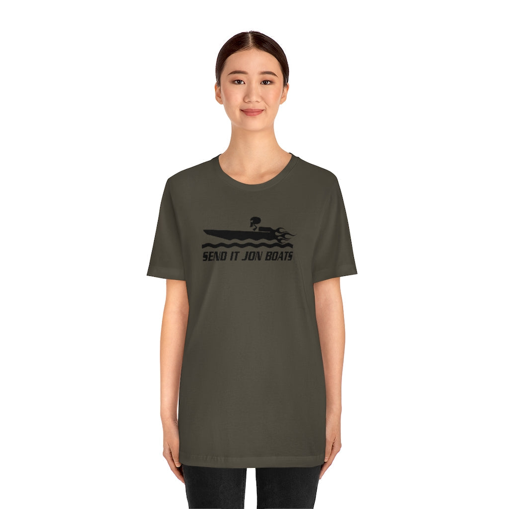 Woman wearing a dark olive green "SEND IT JON BOATS" short sleeve tee with a black boat graphic.