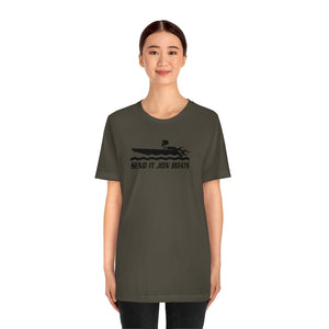 Woman wearing a dark olive green "SEND IT JON BOATS" short sleeve tee with a black boat graphic.