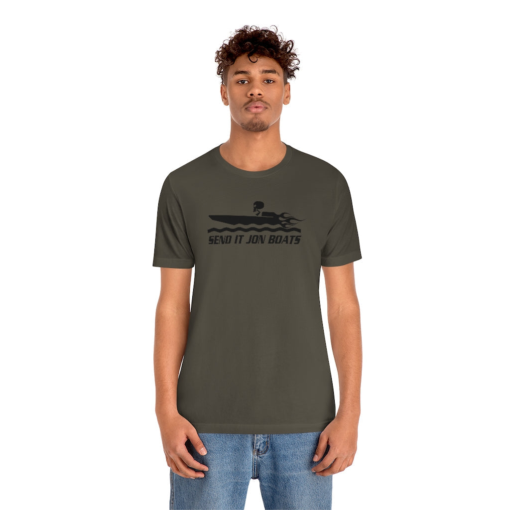 Man in an olive green short sleeve tee with "SEND IT JON BOATS" graphic and boat design.