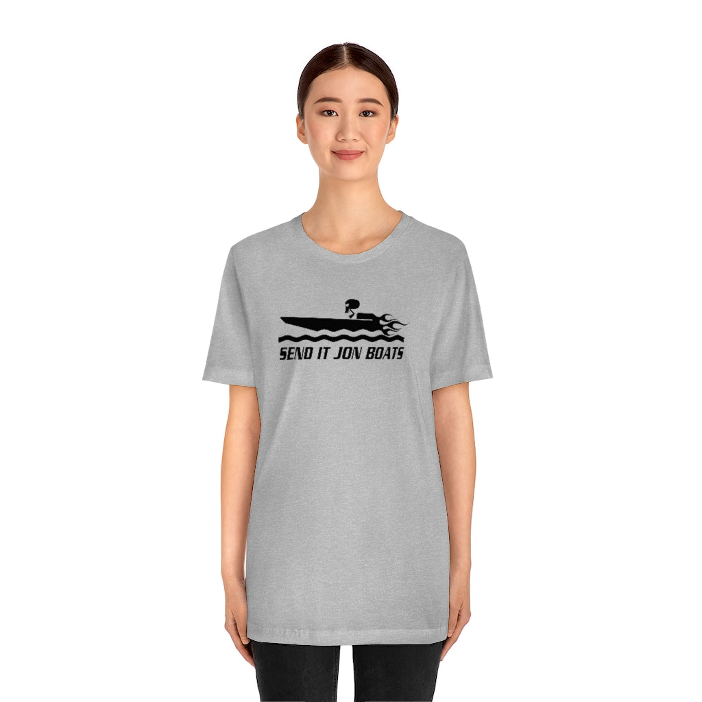 Gray short sleeve tee with "SEND IT JON BOATS" text and a black boat graphic.