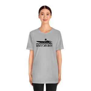 Gray short sleeve tee with "SEND IT JON BOATS" text and a black boat graphic.