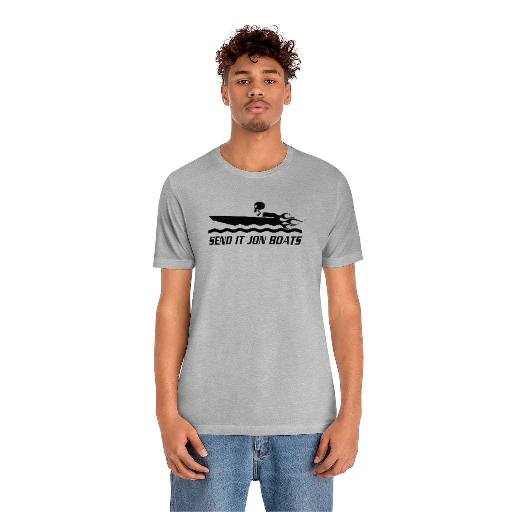 Light gray short sleeve tee with "SEND IT JON BOATS" graphic featuring a black speed boat.