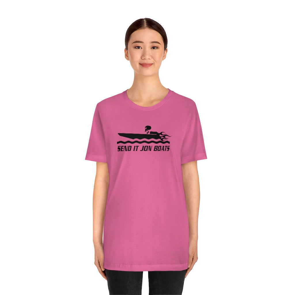 Pink short sleeve tee with "SEND IT JON BOATS" text and a black speedboat graphic.