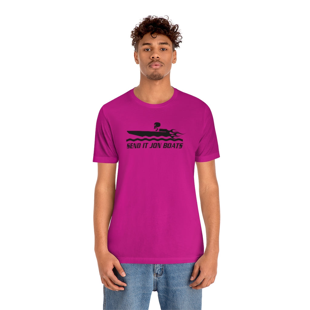 Man wearing a magenta "SEND IT JON BOATS" short sleeve tee with a black boat graphic.