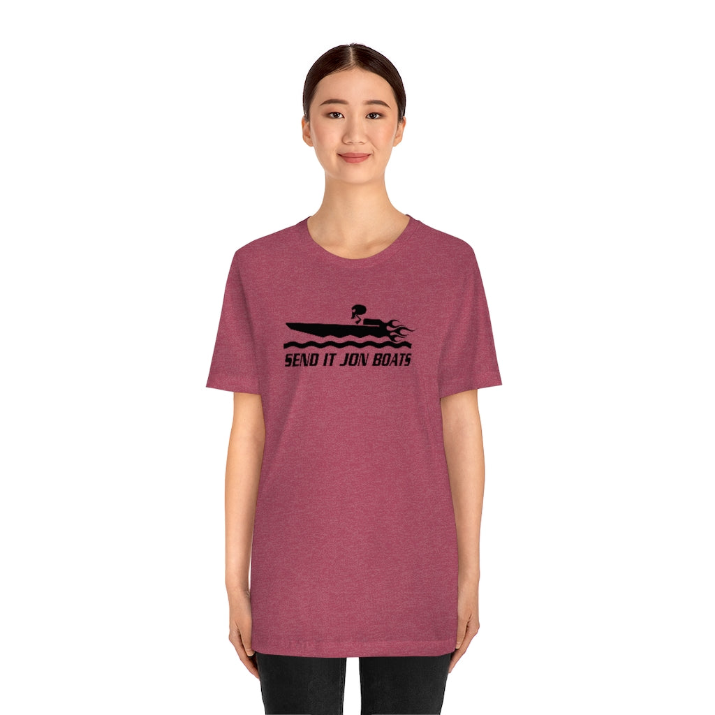 Woman wearing a heather maroon short-sleeve tee with "SEND IT JON BOATS" graphic.