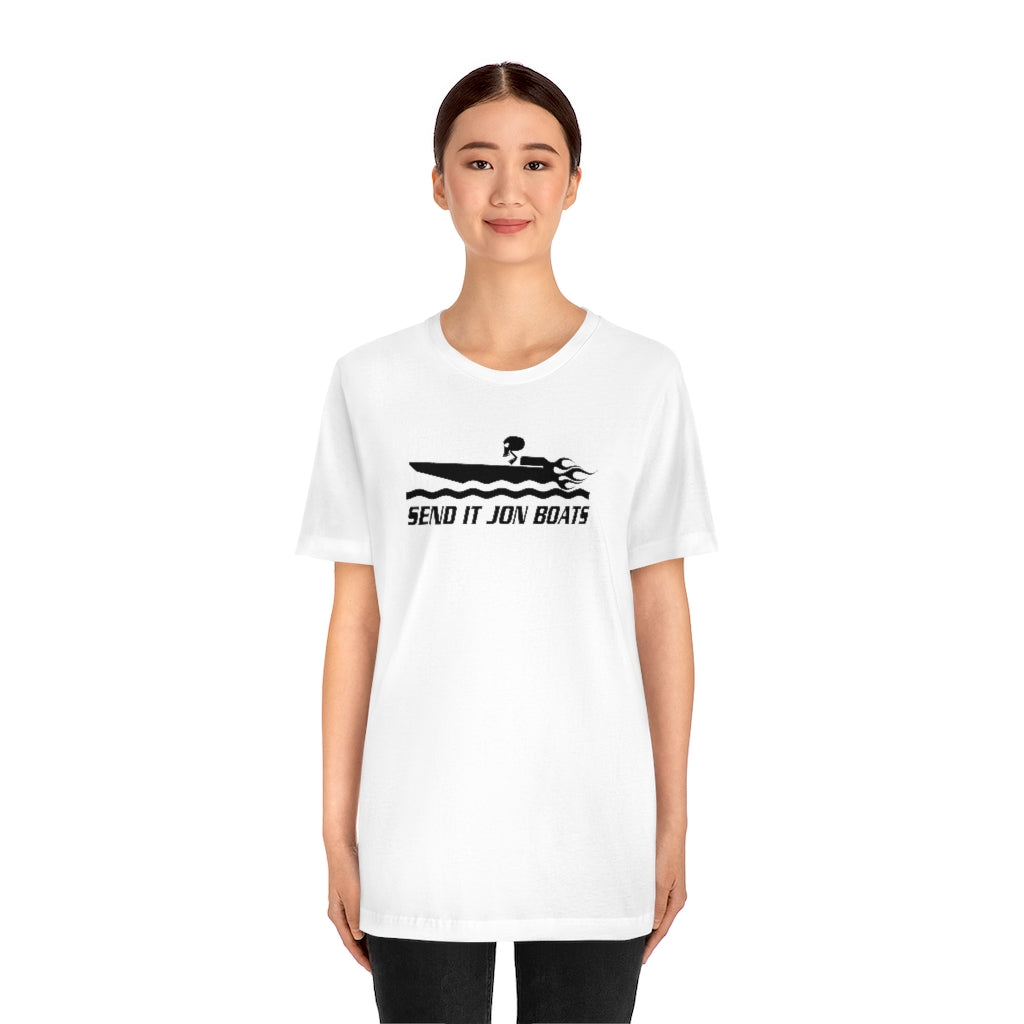 Woman wearing a white short sleeve tee with a black "SEND IT JON BOATS" graphic.