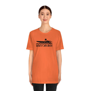 Orange short sleeve tee with "SEND IT JON BOATS" graphic featuring a boat and flames.
