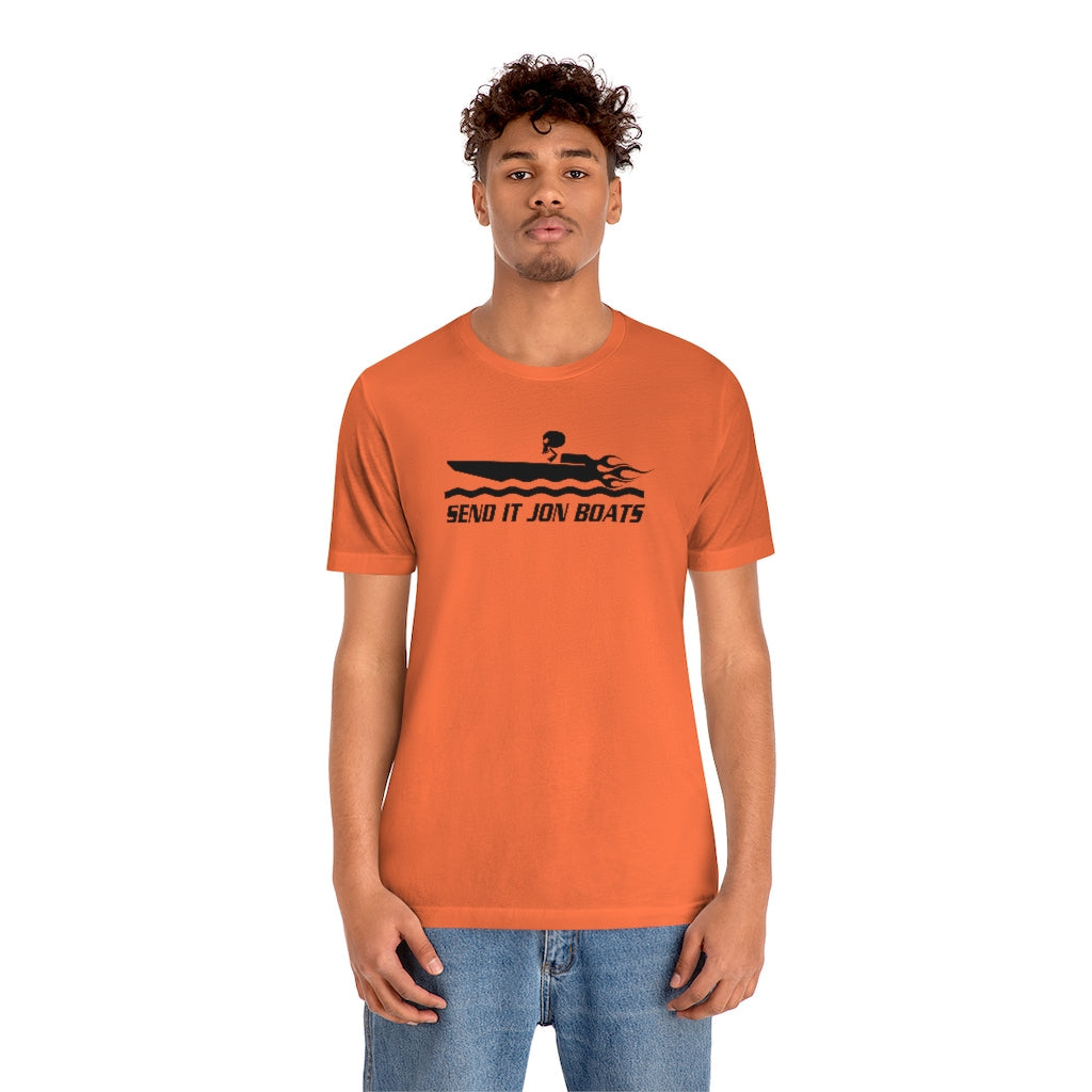 Orange short sleeve tee with "SEND IT JON BOATS" graphic featuring a boat and flames.