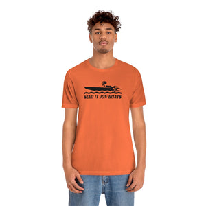 Orange short sleeve tee with "SEND IT JON BOATS" graphic featuring a boat and flames.