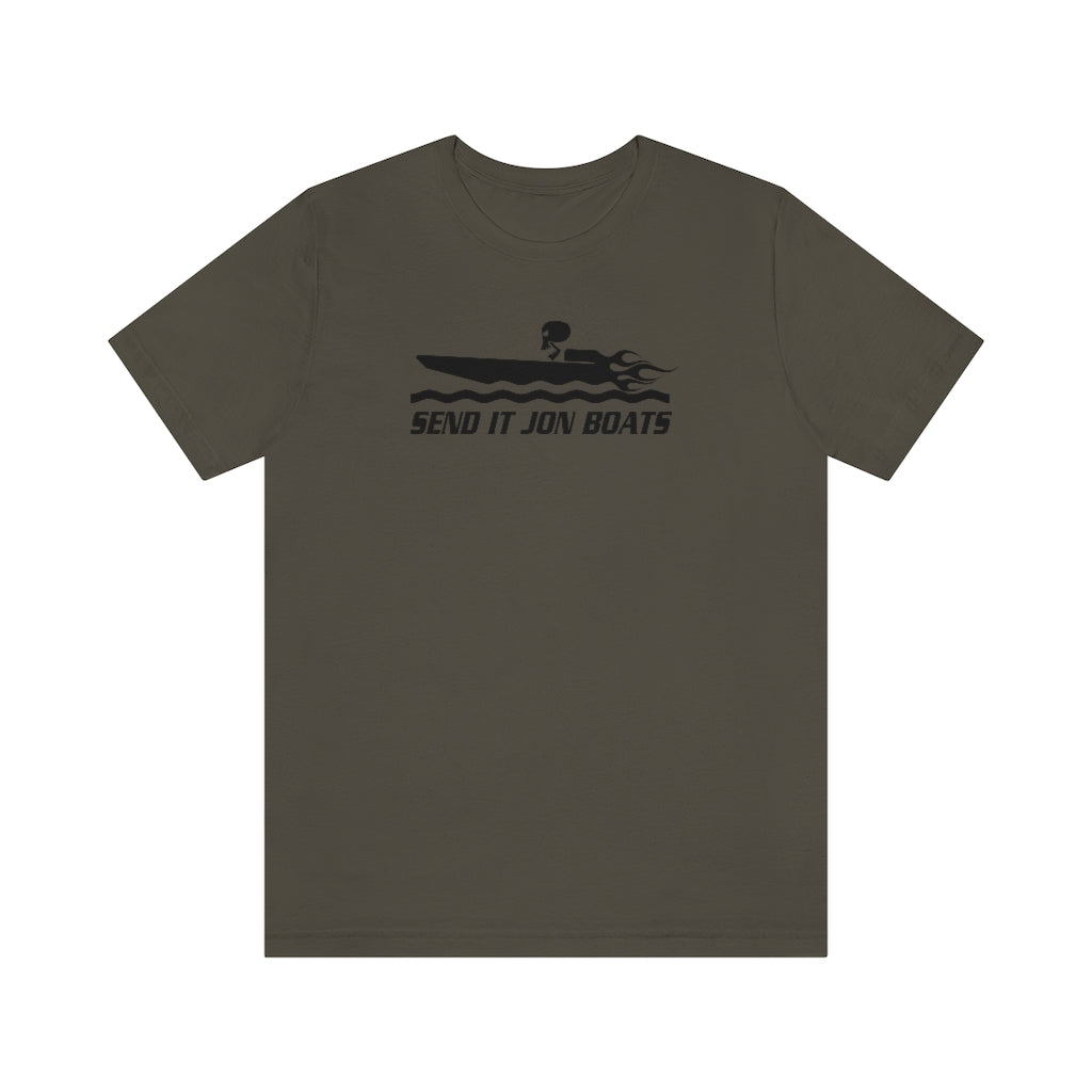 Olive green short sleeve tee with "SEND IT JON BOATS" text and a black boat graphic.