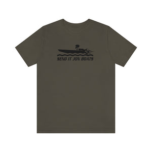 Olive green short sleeve tee with "SEND IT JON BOATS" text and a black boat graphic.
