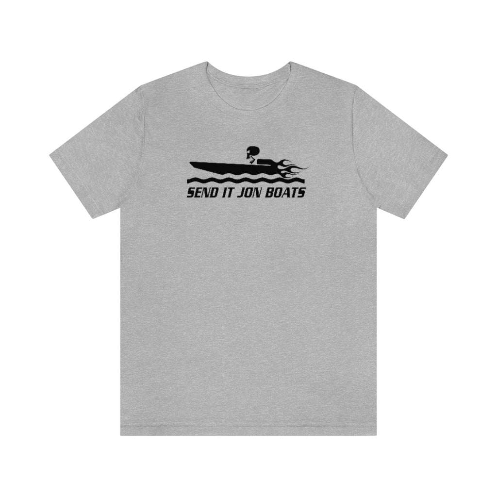 Light gray short sleeve tee with black "SEND IT JON BOATS" graphic featuring a speed boat.
