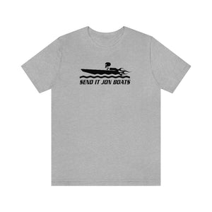 Light gray short sleeve tee with black "SEND IT JON BOATS" graphic featuring a speed boat.