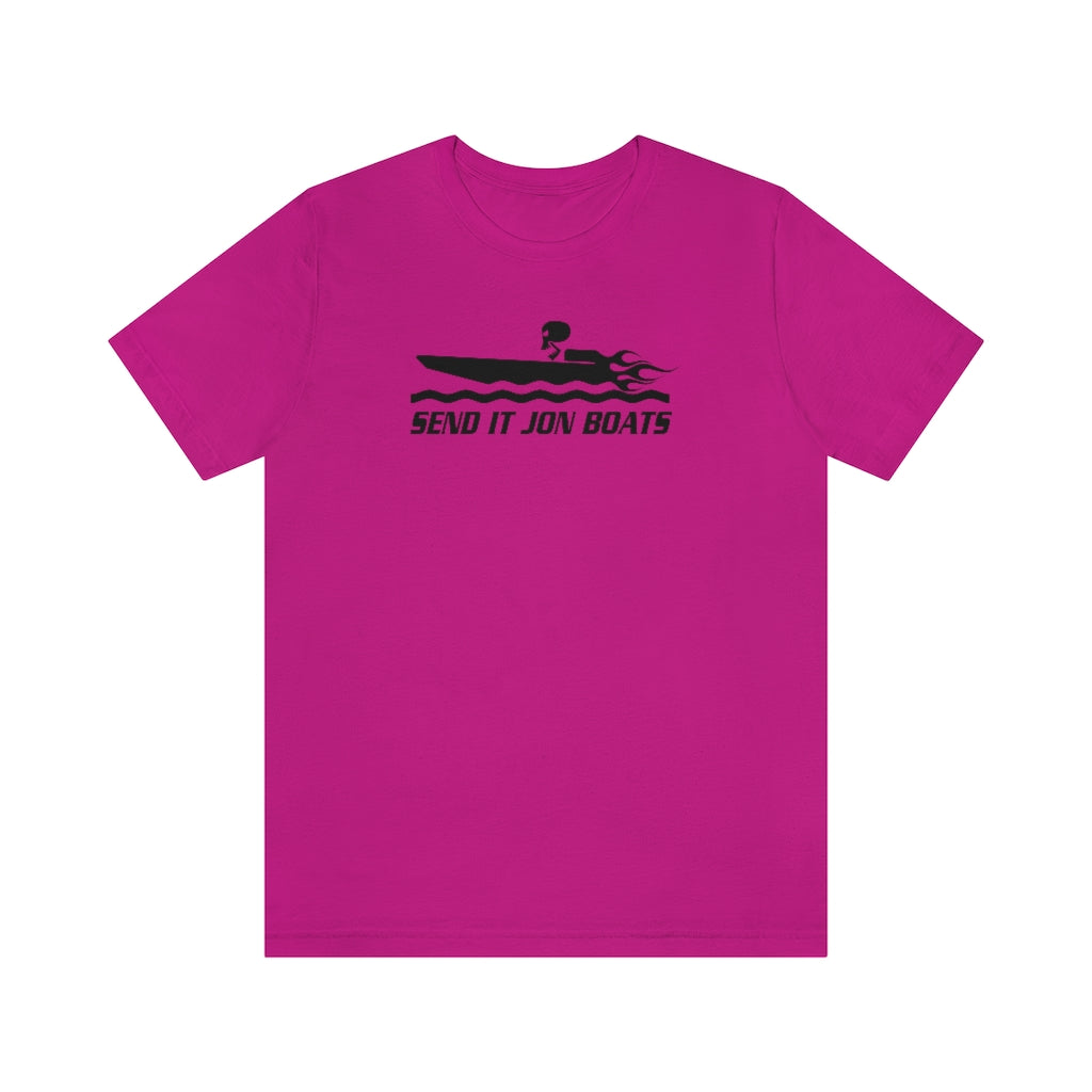 Fuchsia short sleeve tee with black "SEND IT JON BOATS" graphic featuring a speed boat.