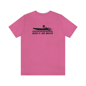 Pink short sleeve tee with a black "SEND IT JON BOATS" graphic featuring a speed boat.