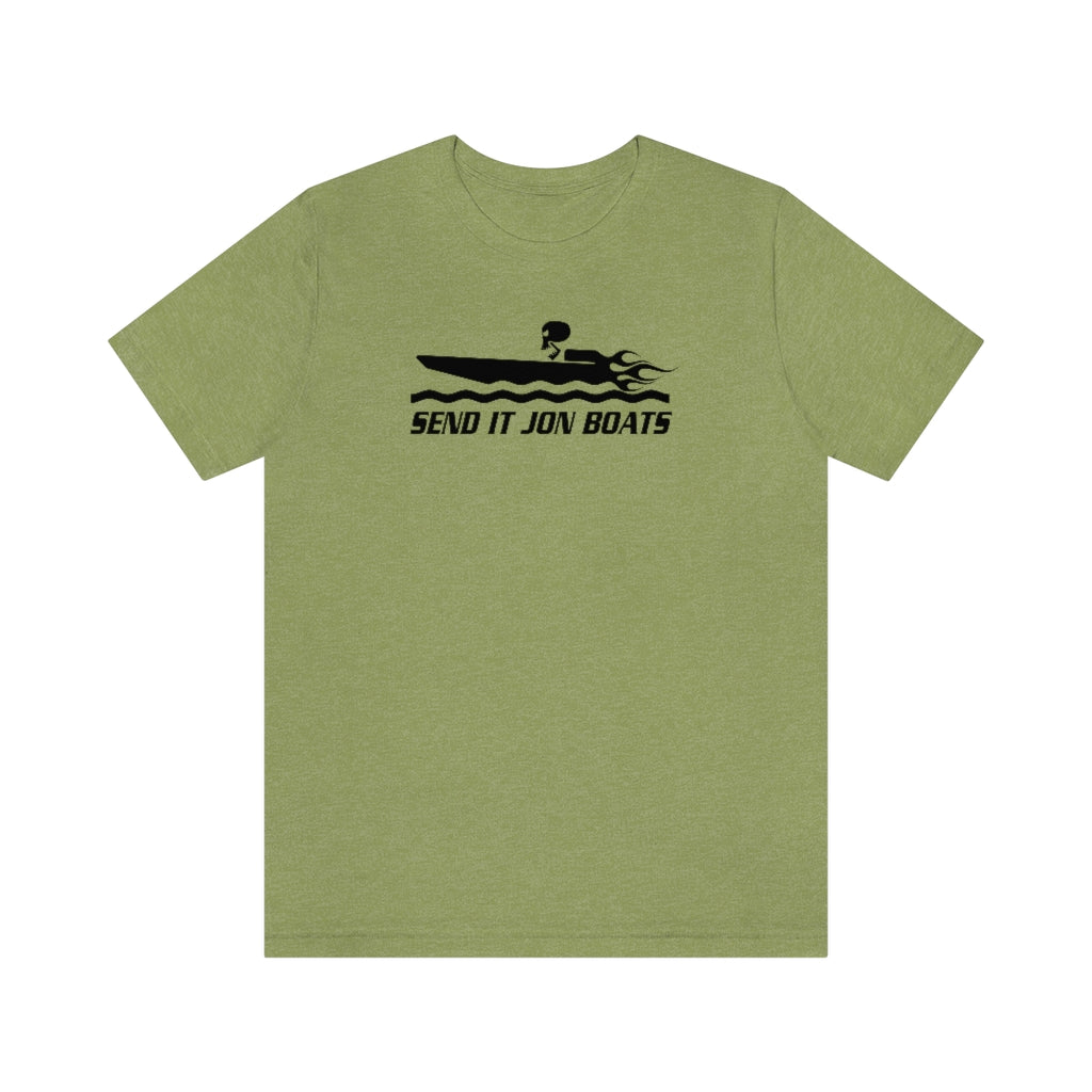 Light green short sleeve tee with black "SEND IT JON BOATS" text and a boat graphic.