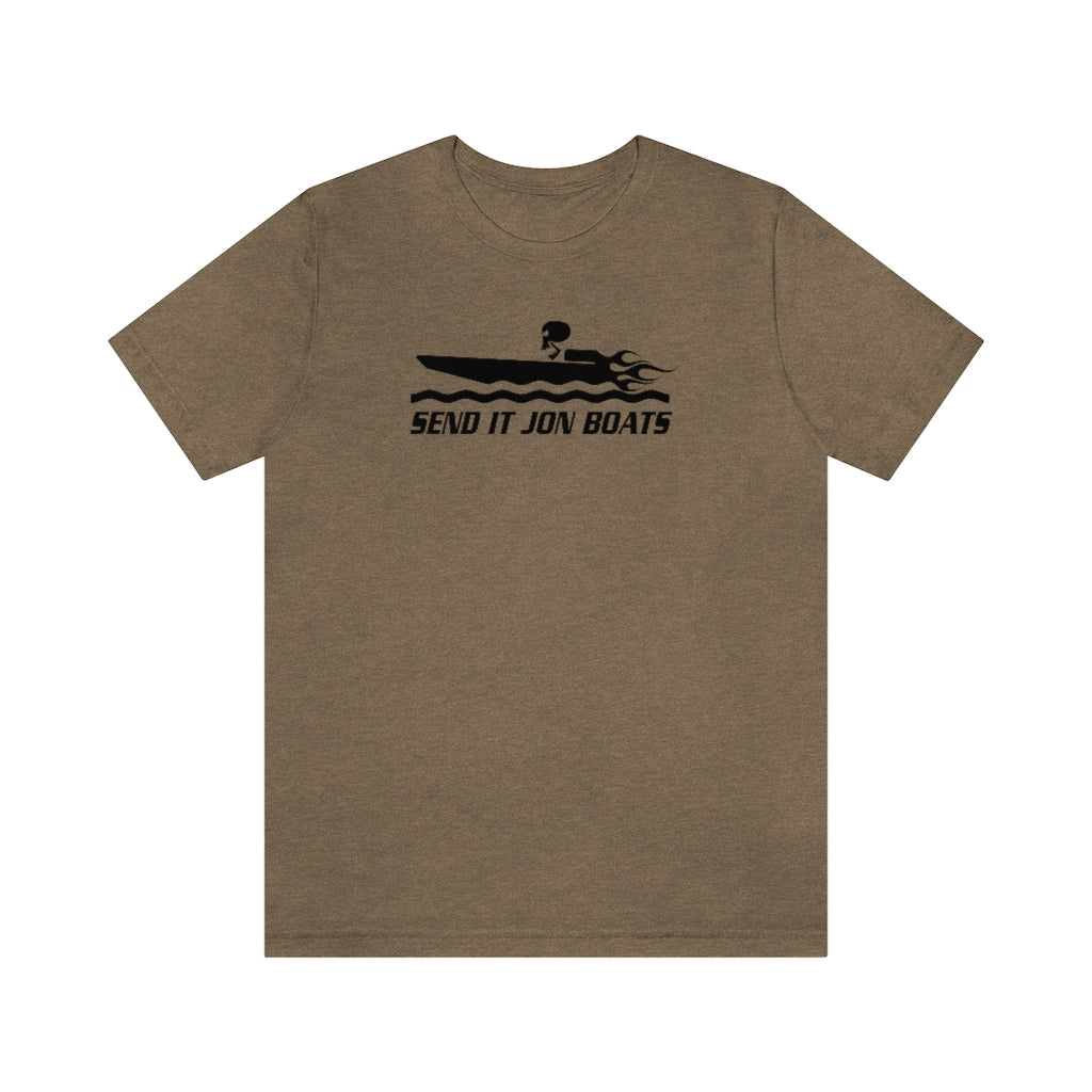 Brown short sleeve tee with black "SEND IT JON BOATS" text and a flaming jon boat graphic.