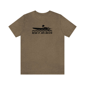 Brown short sleeve tee with black "SEND IT JON BOATS" text and a flaming jon boat graphic.