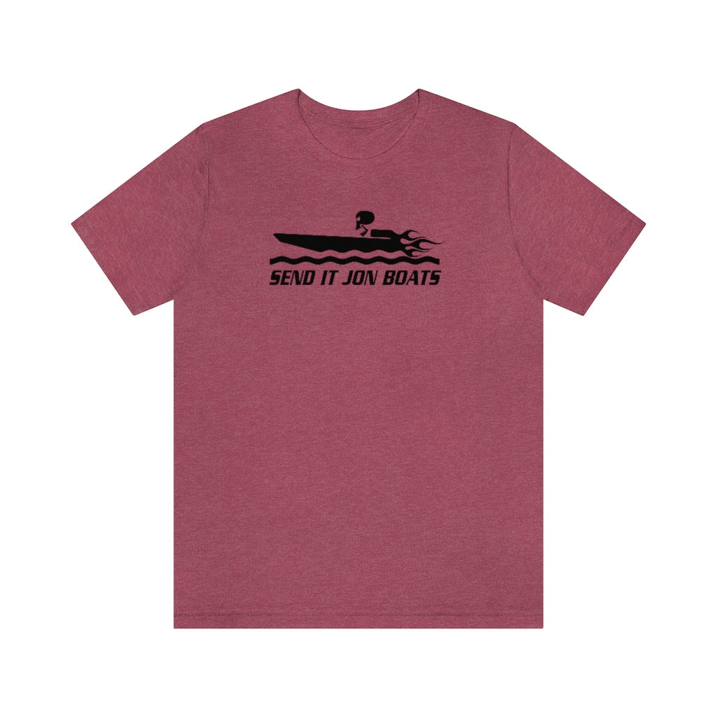Heather maroon short sleeve tee with black "SEND IT JON BOATS" graphic featuring a speed boat.