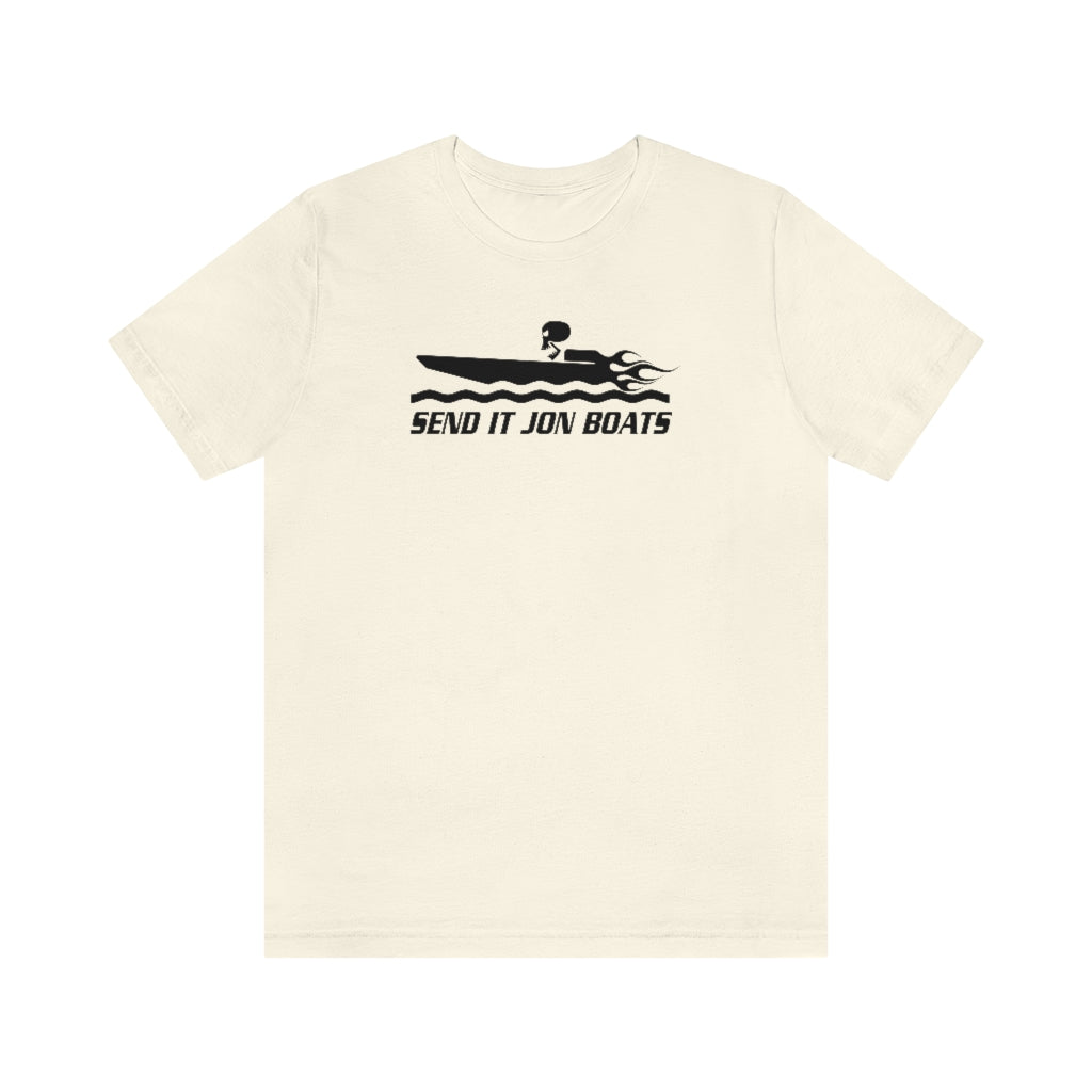 Cream short sleeve tee with black "SEND IT JON BOATS" graphic featuring a speed boat.