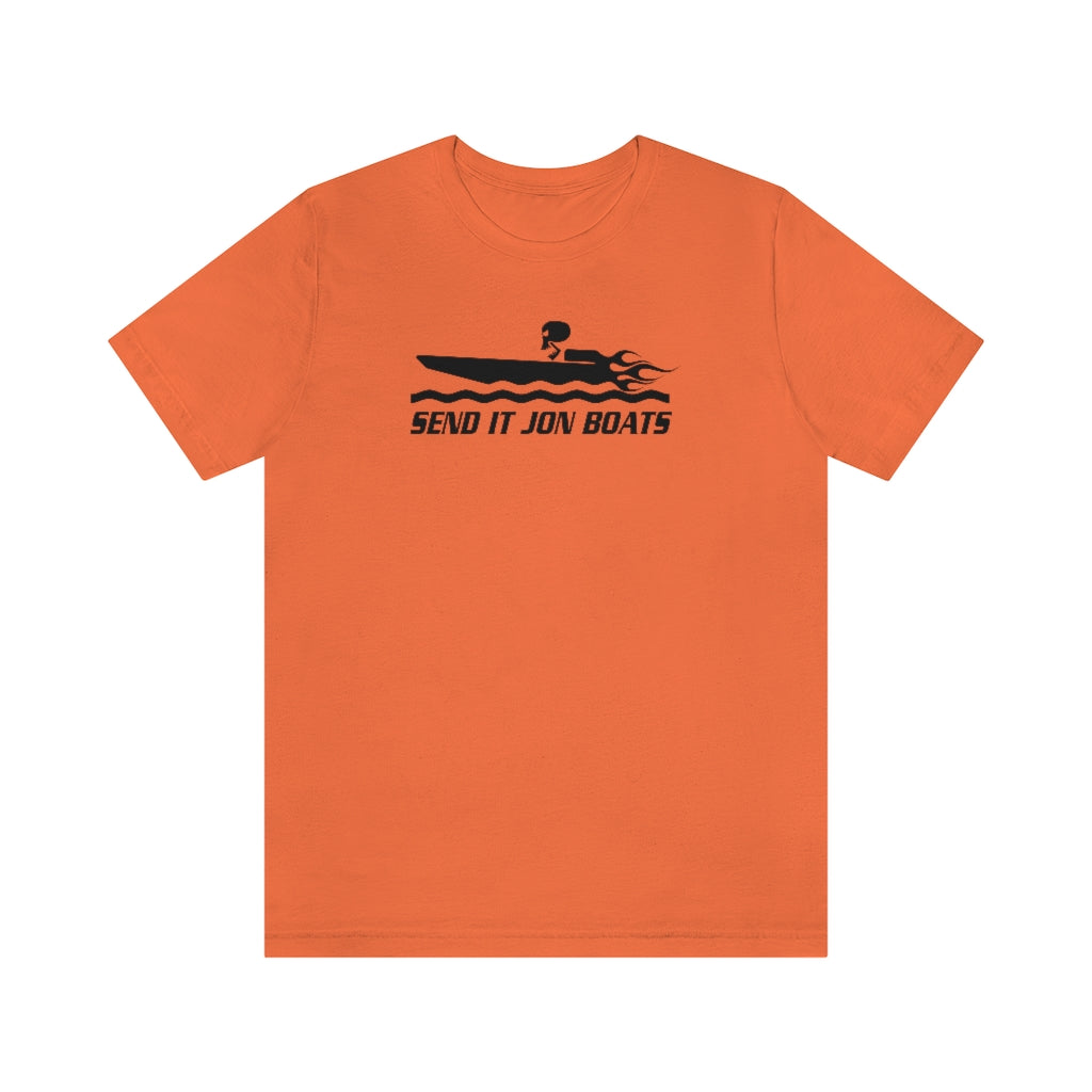 Orange short sleeve tee with black "SEND IT JON BOATS" graphic featuring a speed boat.