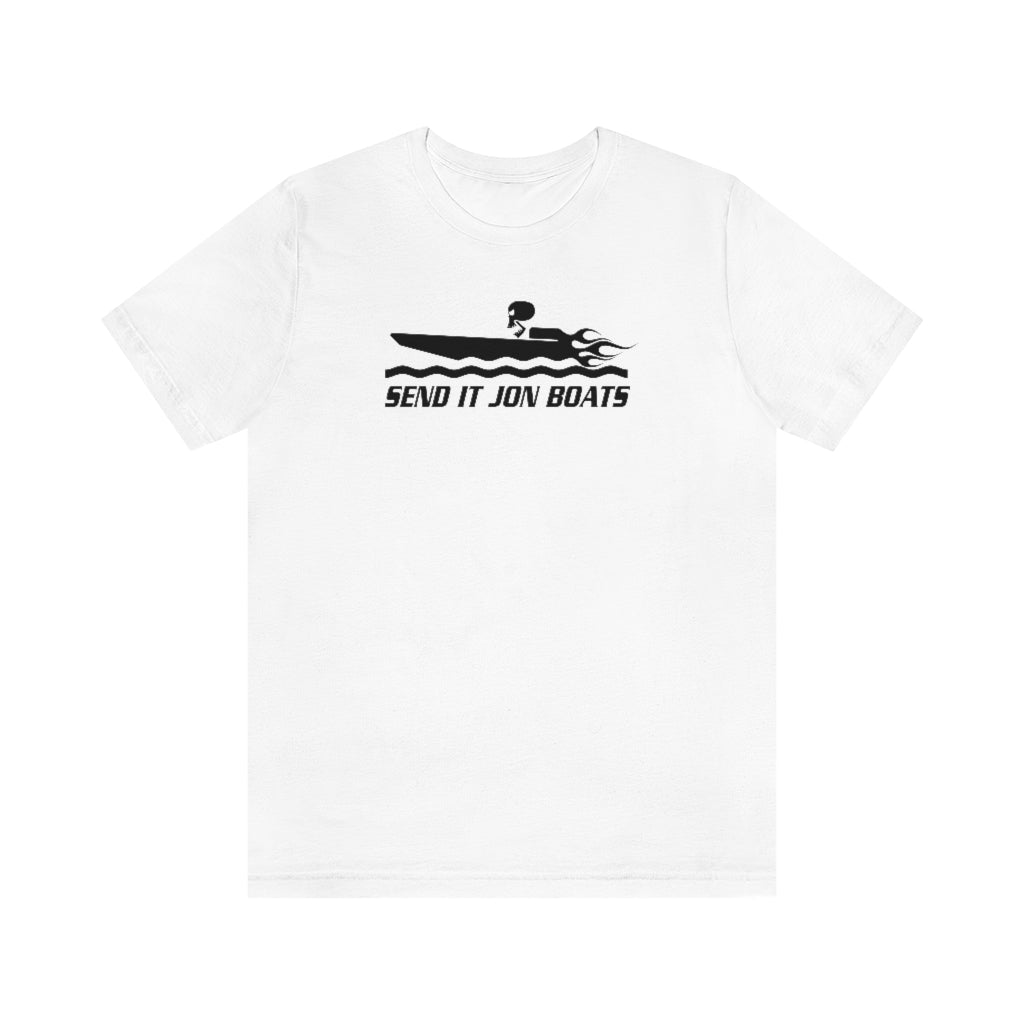 White short sleeve tee with black "SEND IT JON BOATS" graphic featuring a speed boat.